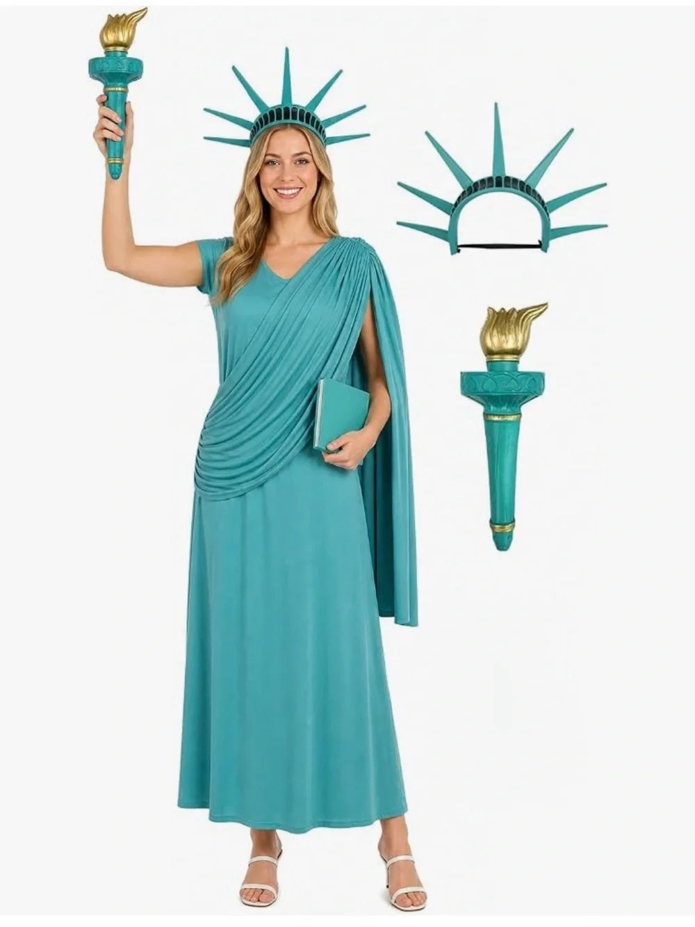 Statue of Liberty Women's Costume Size Large with Dress, Crown, Torch & Tattoos